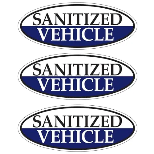 Sanitized Vehicle Blue Oval Window Sticker For Car Dealerships – 14" X 5.5" – Premium Removable Weatherproof Vinyl – Easy Installation With Slit Backing – Durable Automotive Safety Decal 4