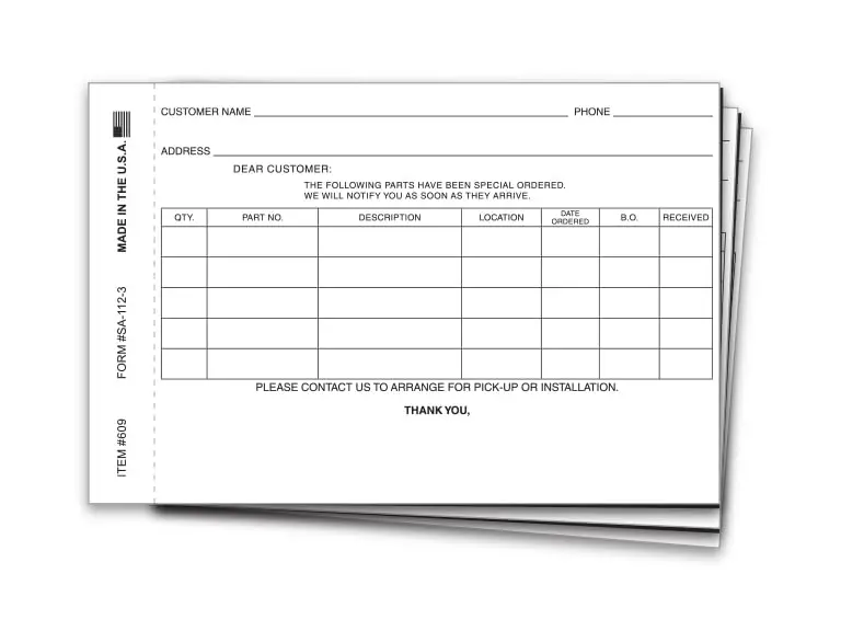 Special Parts Order Forms For Automotive Businesses – Pre-Printed Custom Parts Ordering Sheets On Durable 28Lb Bond Paper – Perforated 2-Part Carbonless Edge-Glued Forms – 8.5" X 11" Size, 100 Sheets Pack 1