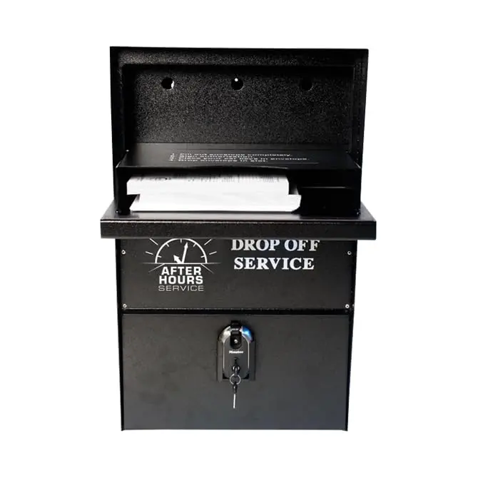 Self-Contained Night Drop Box With Tamper-Proof Lock And Anti-Theft Plate – Black Steel Construction – Wall Or Pedestal Mount – 25-1/4" H × 15" W × 12" D – Includes 50 Envelopes For Secure After-Hours Vehicle Key Drop-Off 1