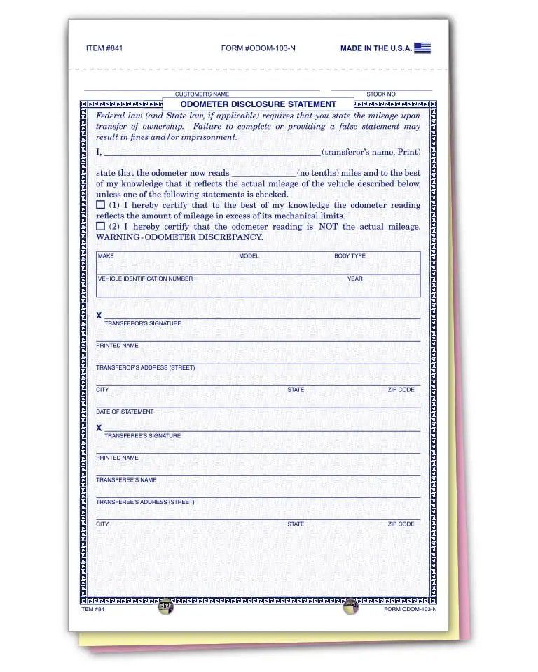 Odometer Disclosure Statements With Blue Screen/No Screen - 5-2/3" × 9-1/8" 3-Part Snap-Out Carbonless Forms With 2 File Holes For Easy Posting - White, Canary, Pink 1