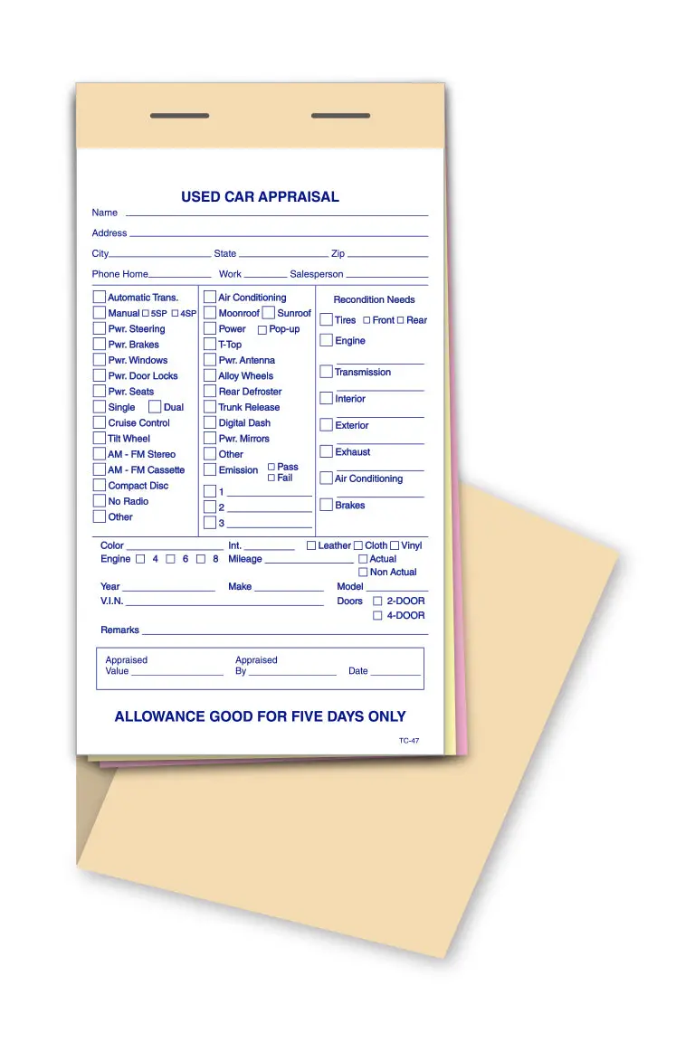 Used Vehicle Appraisal Book Form Tc-47 - 3-Part Snap-Out Carbonless Forms With Heavy-Duty Wrap-Around Cover - 25 Forms Per Book, 4.25" X 7.75" Compact Size 1
