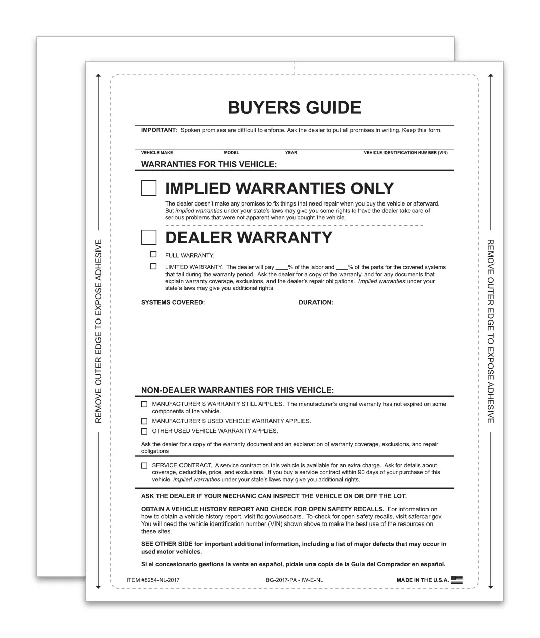 Implied Warranty No Lines Buyers Guide – 8.5" X 11" Ftc-Compliant Vehicle Warranty Window Sticker, Fade-Resistant, Permanent Self-Adhesive, Laser Printer Compatible 1