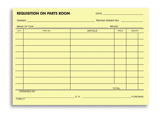 Parts Requisition Forms – 4-1/4" × 6" Size 1-Part Canary Padded Work Order Forms For Automotive Inventory Control, Departmental Parts Issuance & Work Order Tracking 1