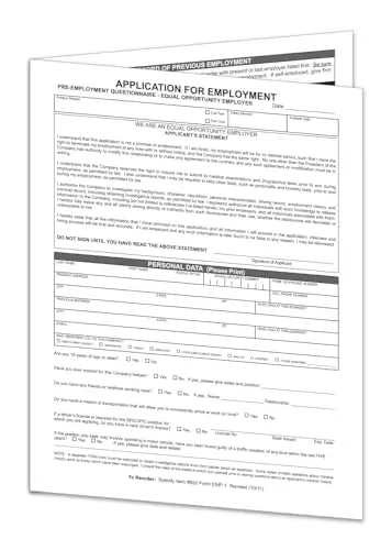 Application For Employment (Form Emp-1) - State & Federal Fair Employment Practice Law Compliant 4-Page Folded Document - 8.5" × 11", 1-Part Cut Sheet - Durable 60# White Offset Paper 1