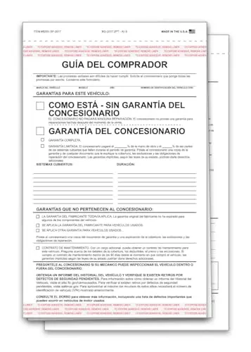 Spanish As Is Buyers Guide Forms For Car Dealerships – 2-Part Carbonless Snap-Out Vehicle Sale Forms – White/White – 7-1/3" × 11-3/4" Adhesive Window Display Ready 1