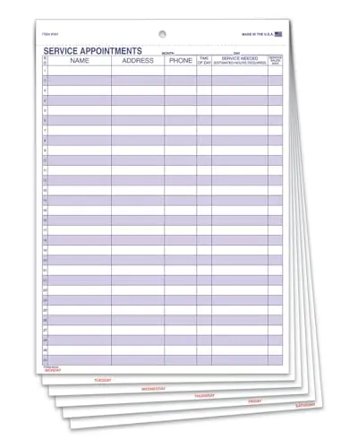 Weekly Route Sheet Service Appointment Form - Large 8-1/2" X 13" Size - 6-Part Snap-Out On High-Quality White Stock - Printed In Blue Ink On Both Sides 1