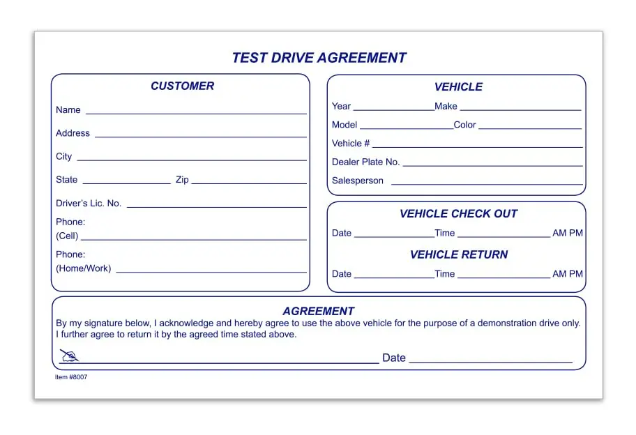 Test Drive Agreement Form For Automotive Dealerships & Rental Services – 8.5" X 5.5" 1-Part Padded Left Edge – Damage & Theft Protection Vehicle Test Drive Contract – 100 Forms Per Pad 1