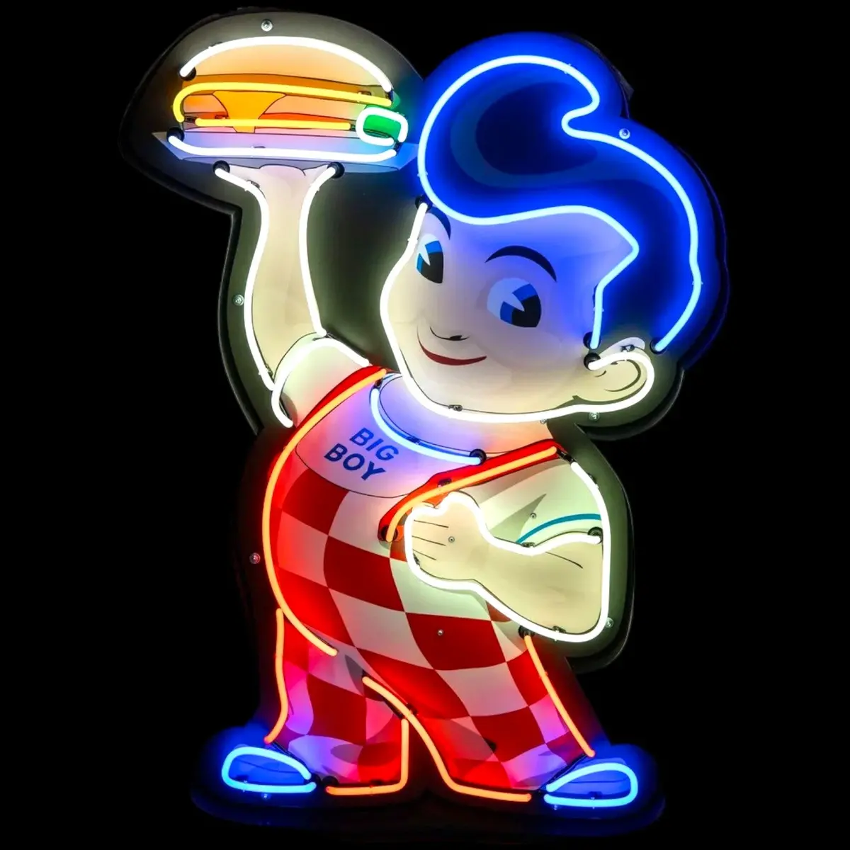Big Boy Glass Neon Sign - Large Die Cut Mascot Light Up Advertising - Porcelain & Metal Can 1