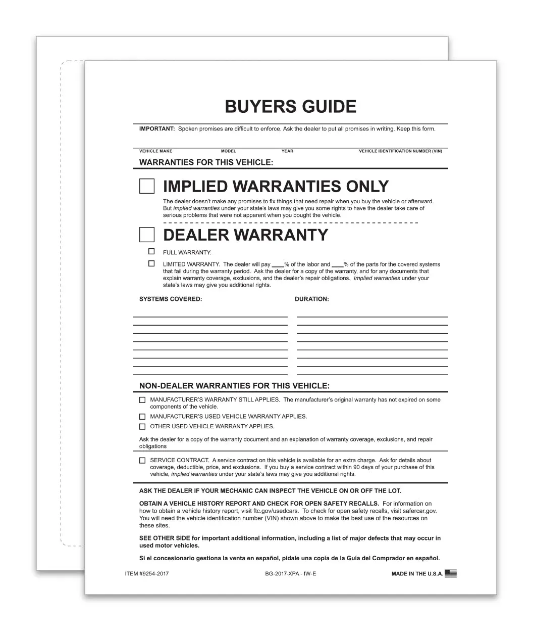 Implied Warranty Exterior Buyers Guide For Car Dealerships - 8.5" X 11" 1-Part Weather-Resistant Ftc-Compliant Forms - Permanent 4-Side Self-Adhesive, Laser Compatible 1