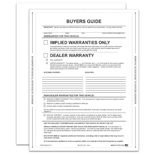 Implied Warranty Buyers Guide – 8.5" X 11" Ftc-Compliant Vehicle Warranty Window Sticker, Fade-Resistant, Permanent Self-Adhesive, Laser Printer Compatible 1