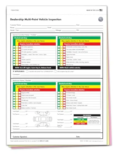 Multi-Point Inspection Form - Compatible With Volkswagen 3 Part Carbonless Vehicle Checklist - Manufacturer Specific Inspection Report - 8-1/2"×11" Snap-Out - White, Canary, Pink 1
