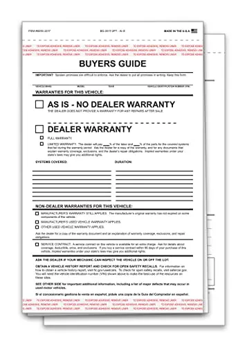 As Is Buyers Guide Forms For Car Dealerships – 2-Part/3-Part Carbonless Snap-Out Vehicle Sale Forms – White/White Or White/Canary/White – 7-1/3" × 11-3/4" Adhesive Window Display Ready 1