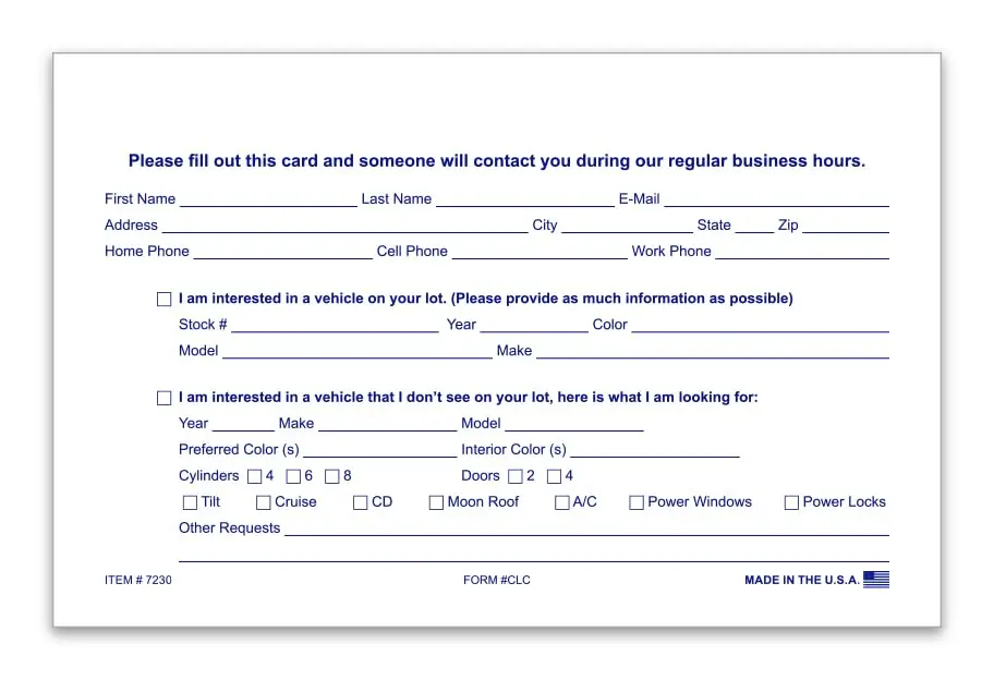 Premium Heavy-Duty Customer Lead Cards For Automotive Sales - 1-Part Blue Ink Printed On 8-1/2" × 5-1/2" Heavy Stock - Ideal For Detailed Customer Tracking, Lead Management & Sales Engagement 1