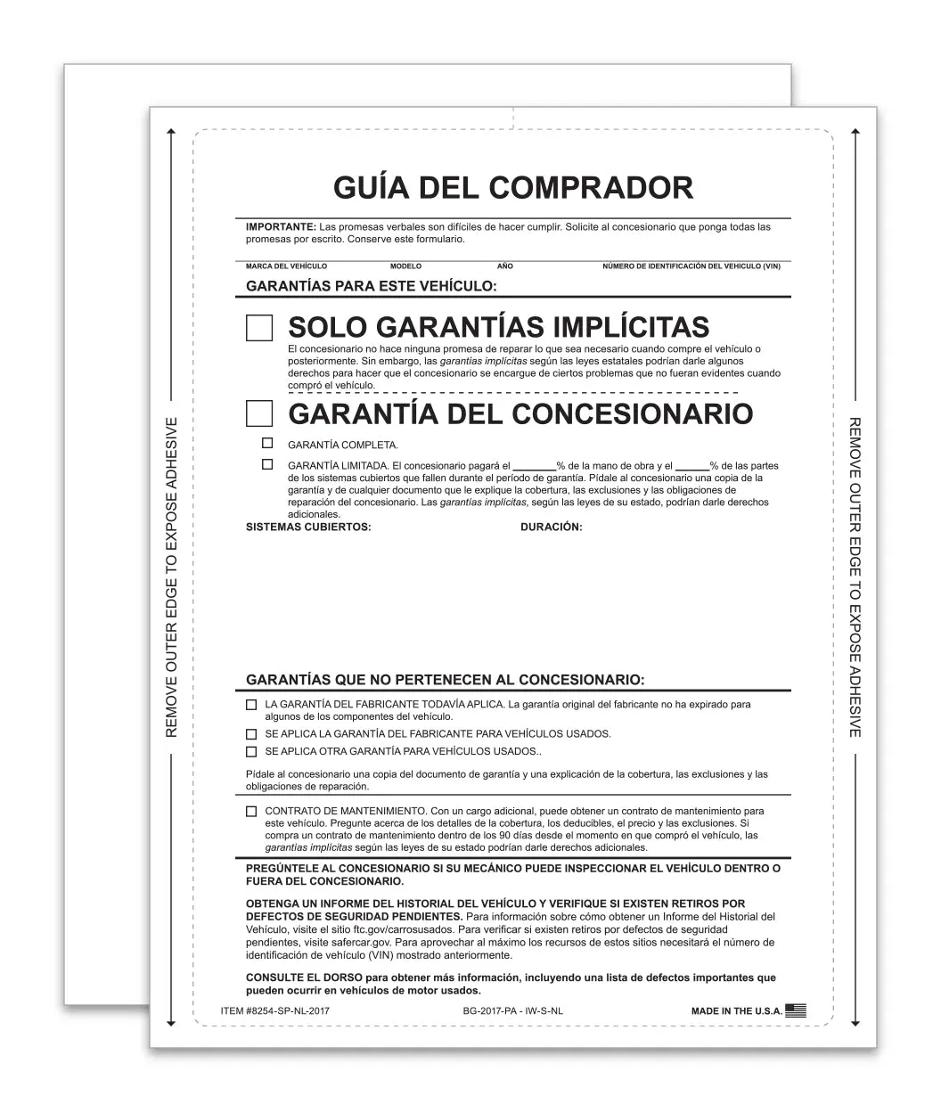 Implied Warranty Spanish No Lines Buyers Guide – 8.5" X 11" Ftc-Compliant Vehicle Warranty Window Sticker, Fade-Resistant, Permanent Self-Adhesive, Laser Printer Compatible 1