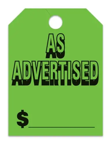 Jumbo "As Advertised" Car Dealer Mirror Hang Tags - Fluorescent Colors Large Size (8-1/2" × 11-1/2") Tags For Auto Dealership Supplies - Durable 11-Point Stock Material 1