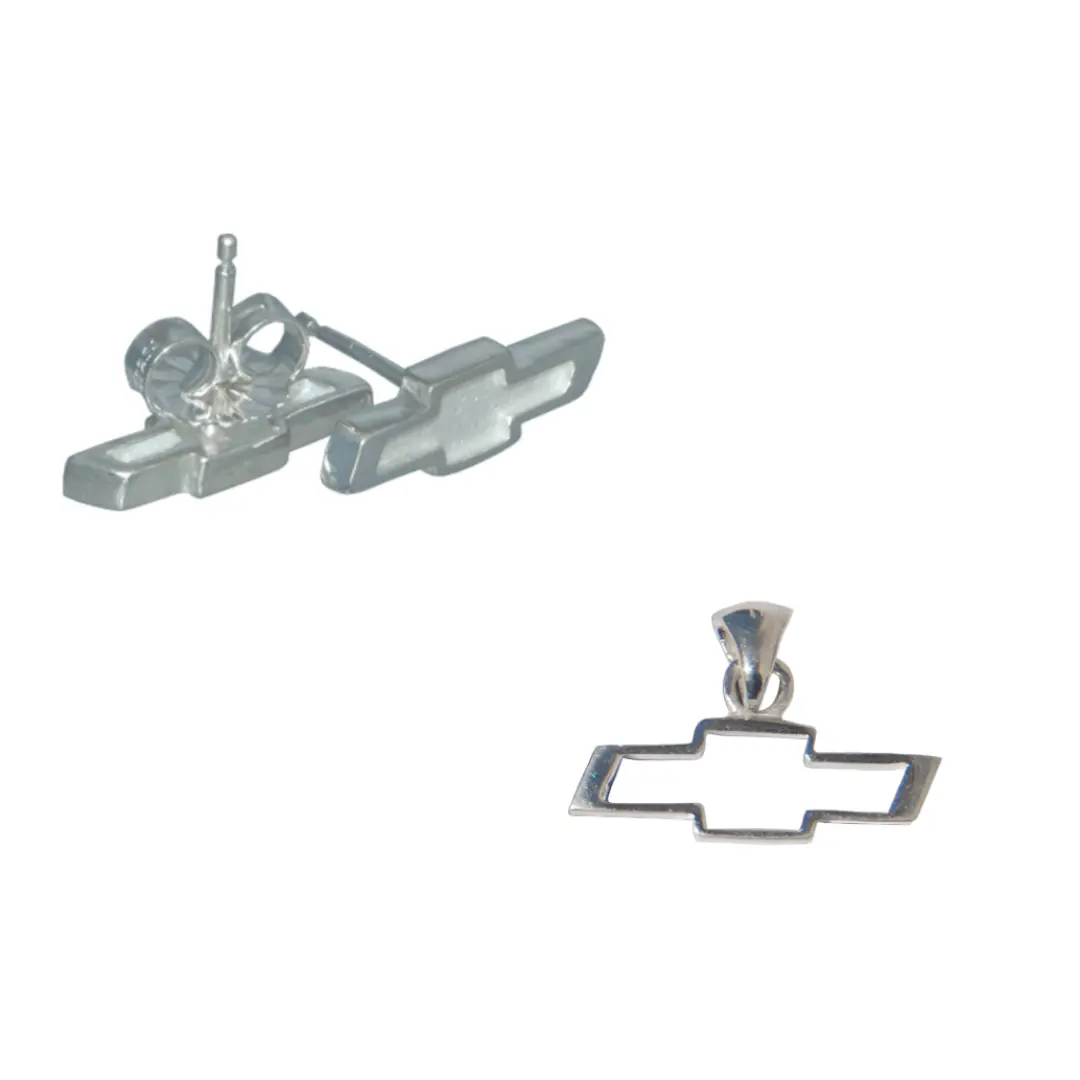 Chevy Bowtie Sterling Silver Emblem Pendant &  1/2" Post Earrings Bundle 1