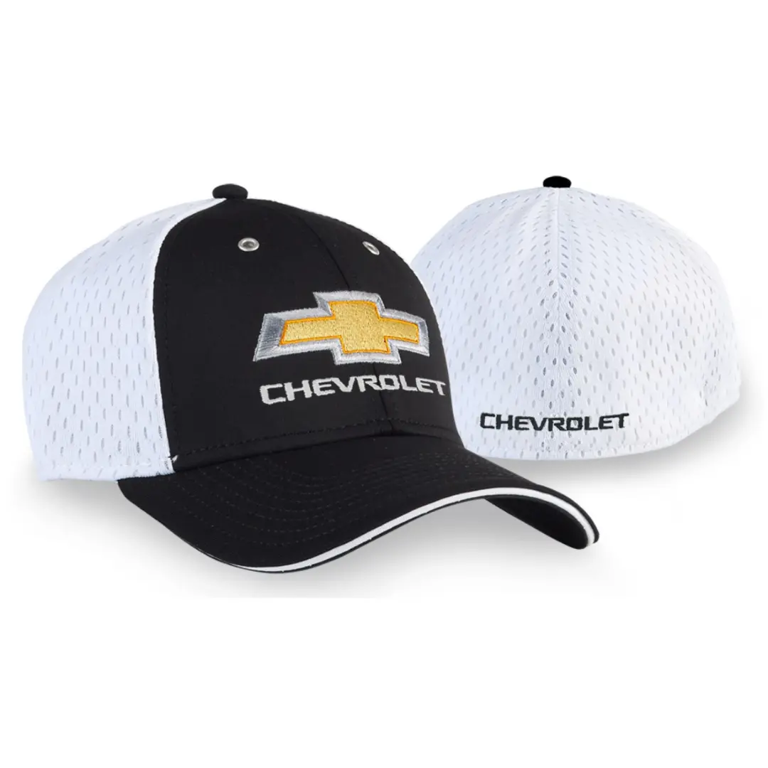 Chevrolet Mesh Stretch Fit Hat / Cap With Gold Bowtie Black & White 1