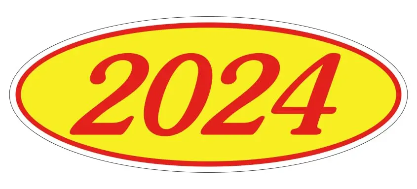 Oval Year Window Stickers - Red On Yellow Window Stickers - Durable, Weatherproof Vinyl With Easy On/Off Adhesive - Back Slit For Seamless Installation - 14" × 5-1/2 1
