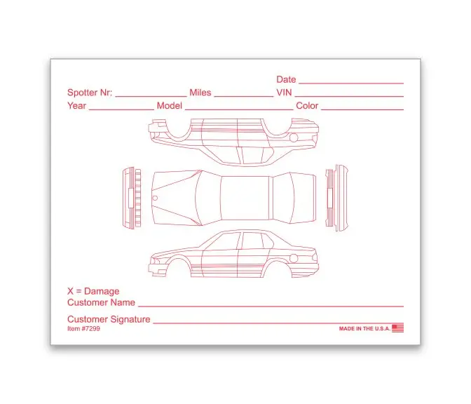 Red Alert Vehicle Damage Recording Form - 1 Part Carbonless Vehicle Checklist - 5-1/2"×4-1/4" Essential For Service Write-Ups - White 1