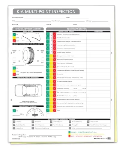 Kia Multi Point Inspection Form - Compatible With Kia 2 Part Carbonless Vehicle Checklist - Manufacturer Recommended Inspection Report - 8-1/2"×11" Edge Glued - White, Canary 1