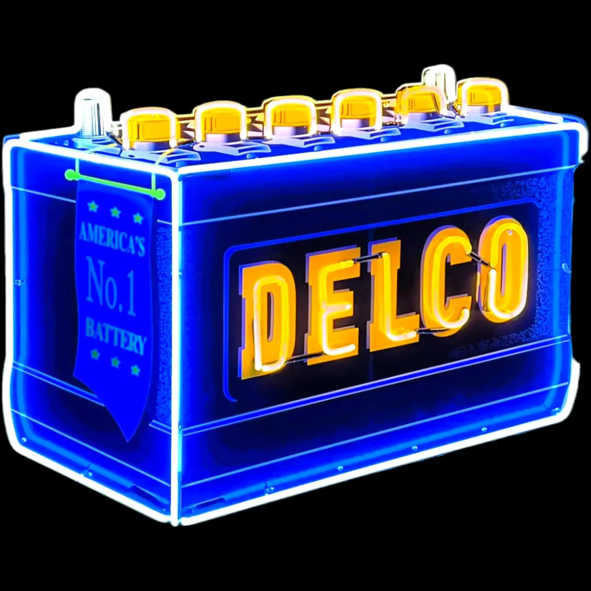 Delco Battery Real Neon Sign - Vintage, Die Cut, Glass, Porcelain Enamel, Custom Steel Can 1