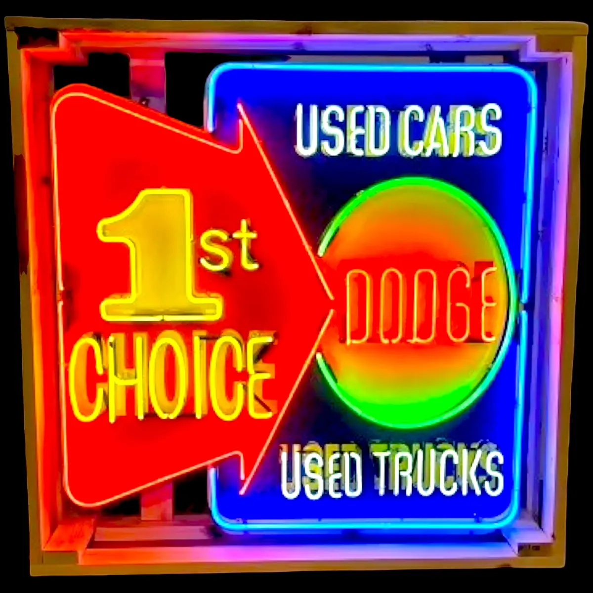 Dodge "1St Choice" Used Cars & Trucks Neon Sign - Real Glass, Porcelain Enamel, Die Cut Metal Can - Vintage Auto & Car Dealer Advertising 1