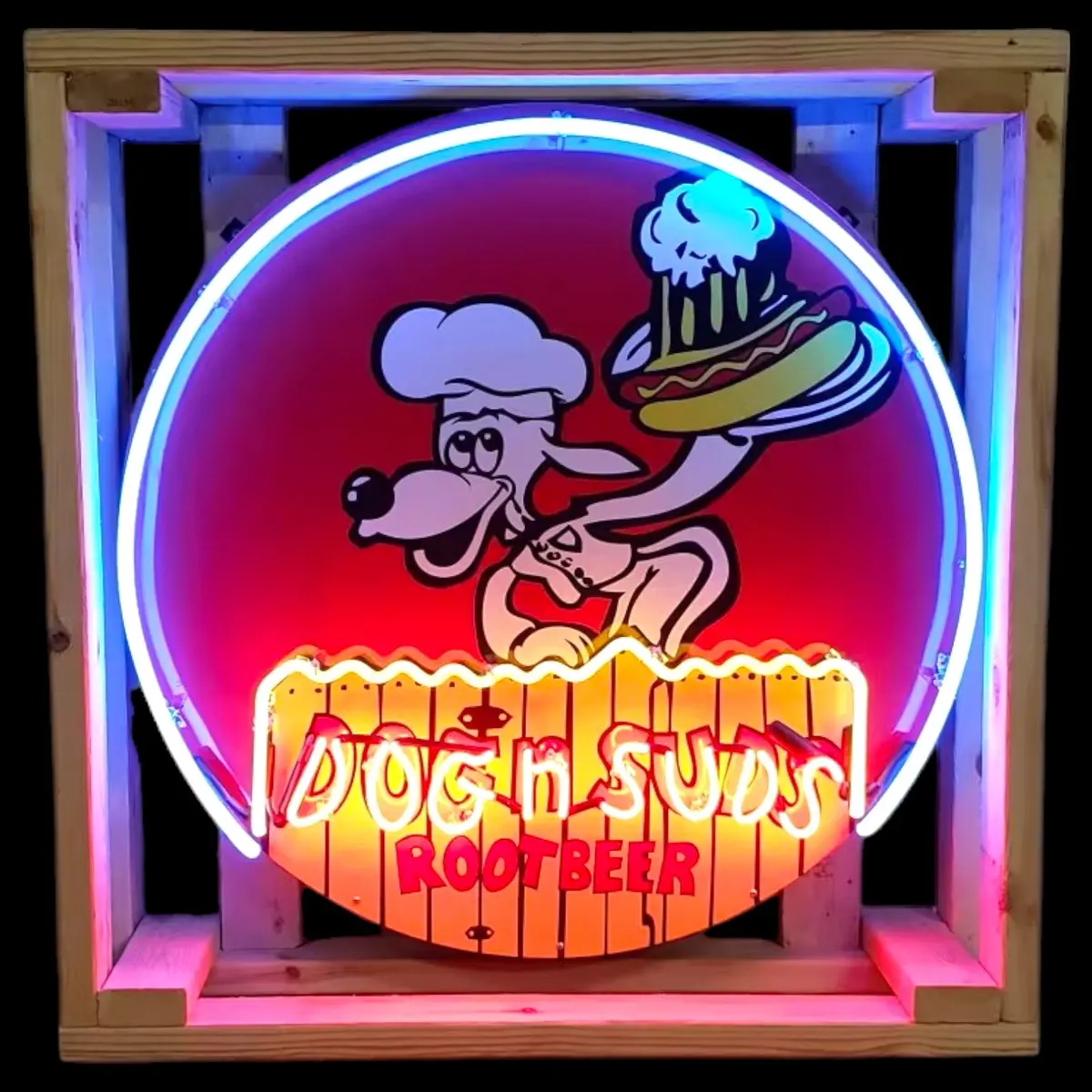 Dog N Suds Root Beer - Glass Neon Porcelain Sign With Metal Can - Retro & Vintage Reproduction 1