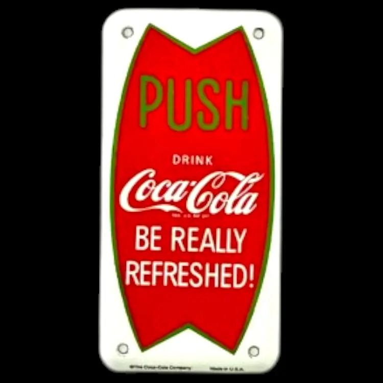 Coca Cola Push Fish Tail Door Sign Porcelain Enamel Vintage Metal Reproduction 1