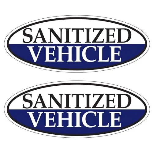 Sanitized Vehicle Blue Oval Window Sticker For Car Dealerships – 14" X 5.5" – Premium Removable Weatherproof Vinyl – Easy Installation With Slit Backing – Durable Automotive Safety Decal 3