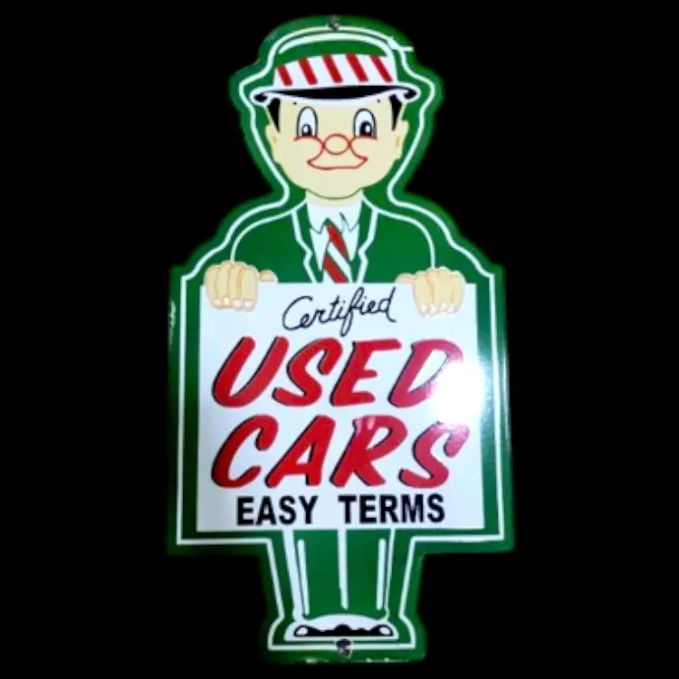 Dependable Used Cars Salesman Green Suit Porcelain Enamel Vintage Metal Reproduction 1