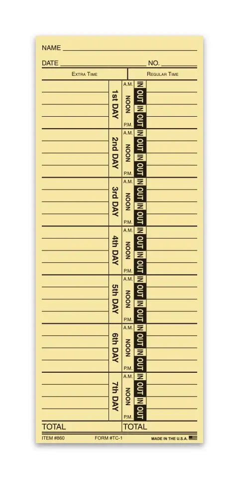 Time Clock Cards For Tracking Regular And Extra Time - Easy-Read Time Cards For Front-Loaders - Manual Style/Compatible With Computer Systems - 1-Part Heavy Duty Manila/Buff Card Stock 1