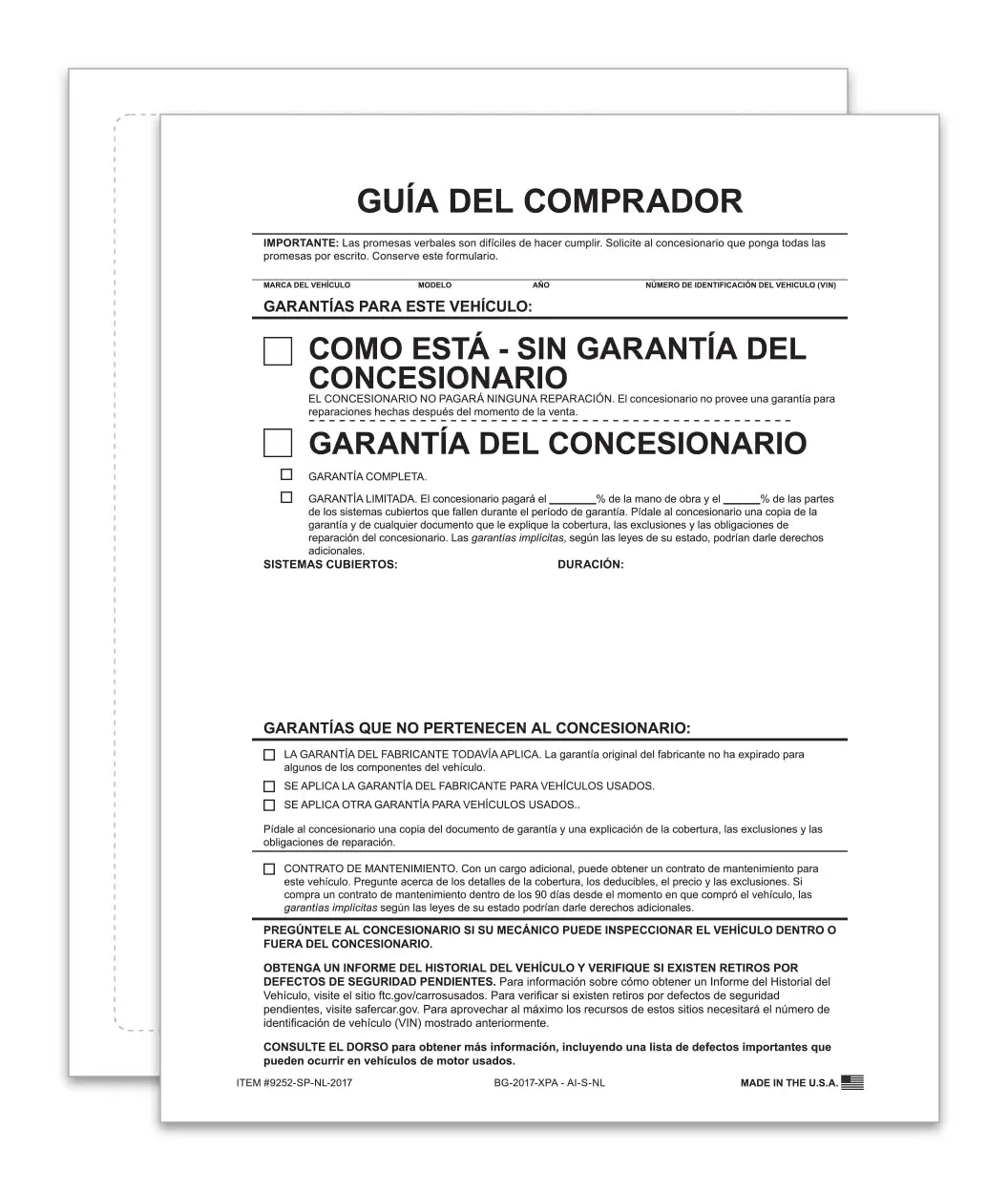 As-Is Spanish No Lines Exterior Buyers Guide For Car Dealerships - 8.5" X 11" Weather-Resistant 1-Part Ftc-Compliant Vehicle Window Forms - Permanent 4-Side Self-Adhesive, Laser Compatible 1