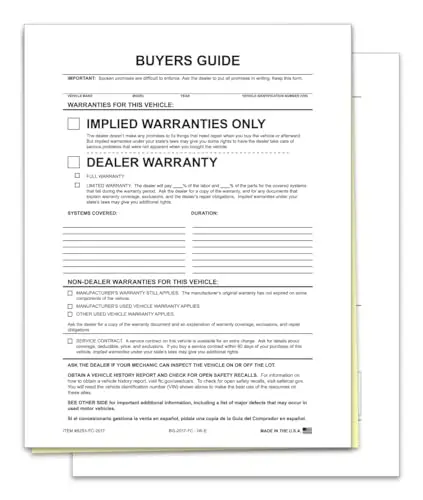 Implied Warranty File Copy Buyers Guide Forms For Car Dealerships – 2-Part Carbonless Vehicle Sale Forms – White/Canary – 8-1/2" × 11" – No Adhesive – Ideal For Filing & Document Holders 1