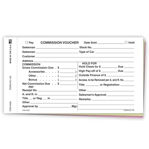 Commission Voucher Gross/Net Forms – 3-Part Ncr Carbonless Snap-Out Sheets – White, Canary & Pink Duplicate Copies – Sales Commission Tracking & Payroll Invoice Forms – 7.75" X 4.25" – 100-Pack 1