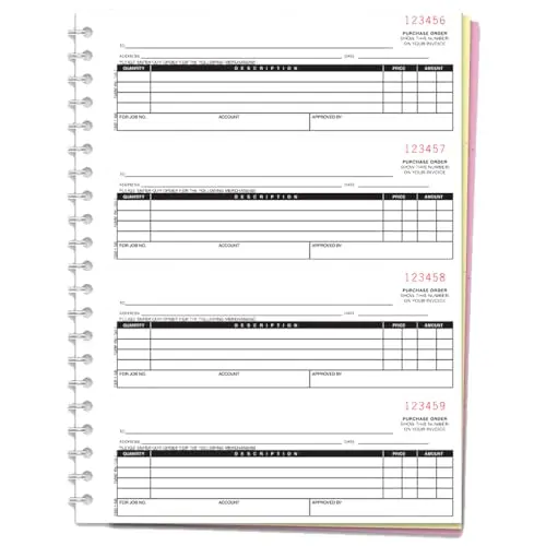 Purchase Order Books (Form Nc-124-3) – 3-Part Carbonless Duplicate Forms, White, Canary & Pink Ncr Paper – 4 Purchase Orders Per Page (2-3/4" X 7-1/2") – Heavy-Duty 8.5" X 11" Coil-Bound Invoice Books For Auto Dealerships & Office Use 1