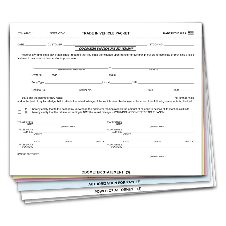 Trade In Vehicle Combination Form For Automotive Business - 6-Part Snap-Out Carbonless Copies With Multi-Part Odometer Statement - 8.5" X 7.25" Size - Trade-In Sales Paperwork, Auto Dealership Form 1