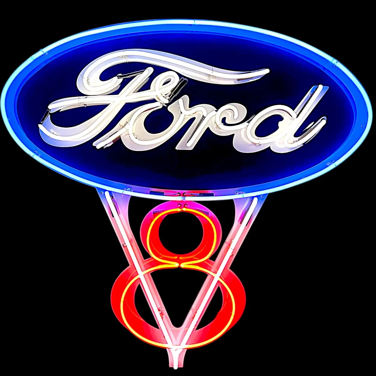 Ford V8 Tricolor Die Cut Neon Sign - Real Glass, Porcelain, Metal Can - Emblem Logo 1