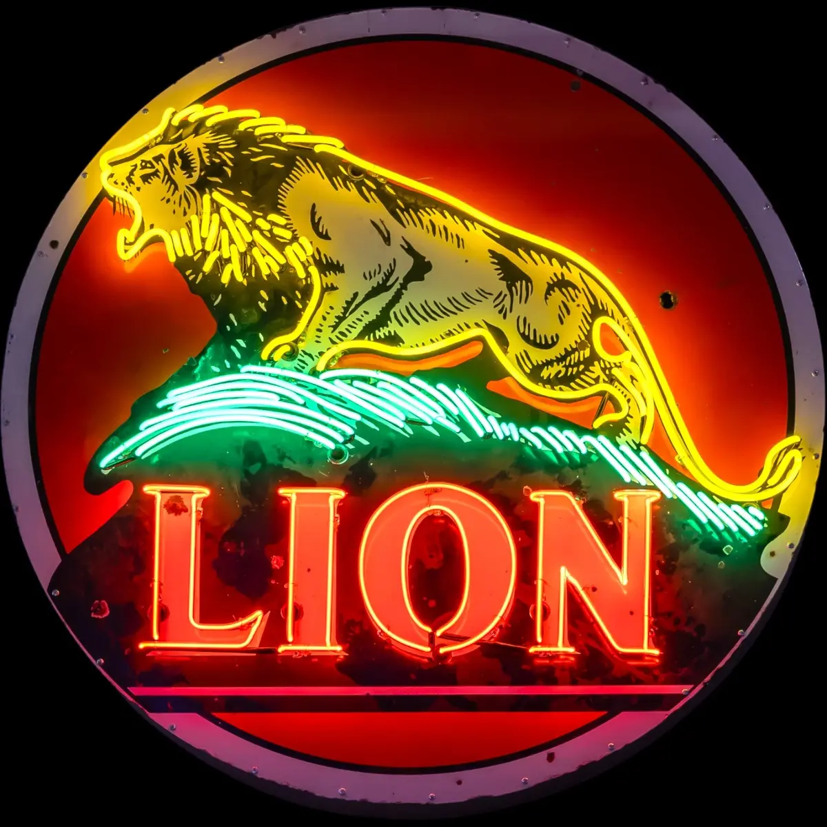 Lion Gasoline Vintage Glass Neon Porcelain With Steel Can Reproduction 1