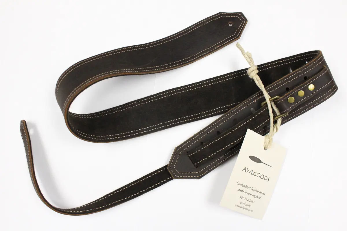 Awlgoods Hand Crafted Leather Guitar Strap Dark Brown/Brown Tan 1/8"-1/4" Stitching 1