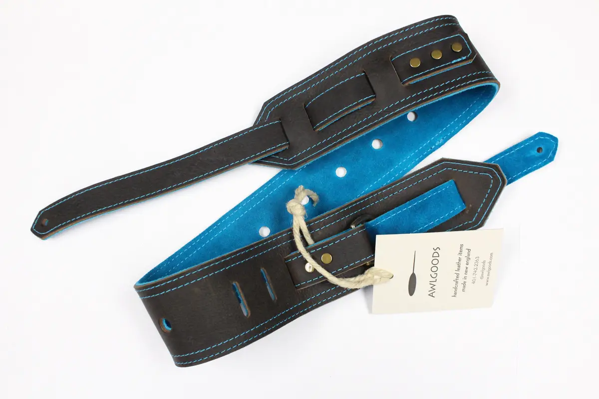Awlgoods Hand Crafted Leather Guitar Strap Dark Brown With Turquoise Stitching 1