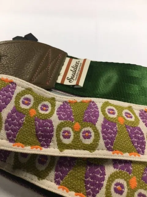 Souldier Guitar Strap Owls Purple W/ Olive Leather Ends *Free Shipping In The Usa* 1