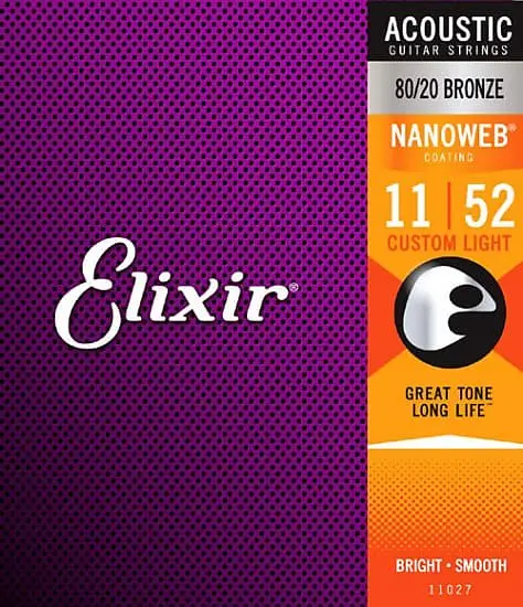 Elixir 11027 Nanoweb 80/20 Bronze Acoustic Guitar Strings - Custom Light (11-52) 1