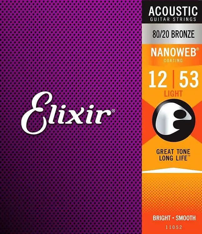 Elixir 11052 80/20 Bronze Light Acoustic Guitar Strings With Nanoweb Coating 12-53 1