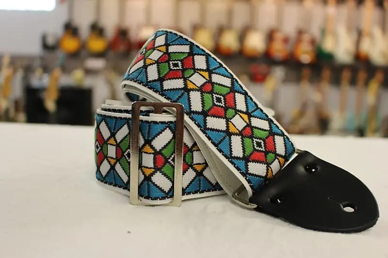 Souldier Guitar Strap Vintage Stained Glass Blue W/ Black Leather Ends *Free Shipping In The Usa* 1