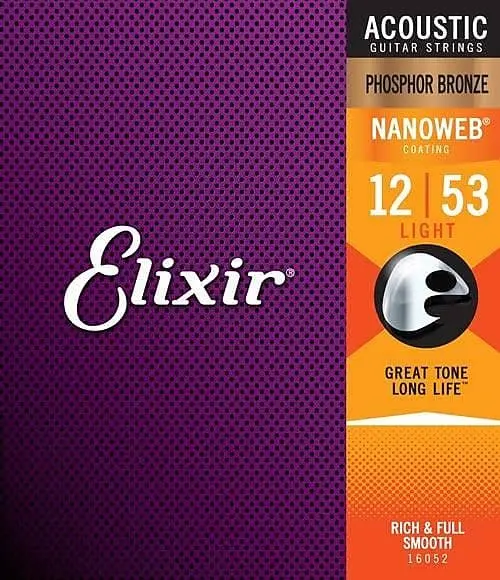 Elixir 16052 Nanoweb Phosphor Bronze Acoustic Guitar Strings - Light (12-53) 1