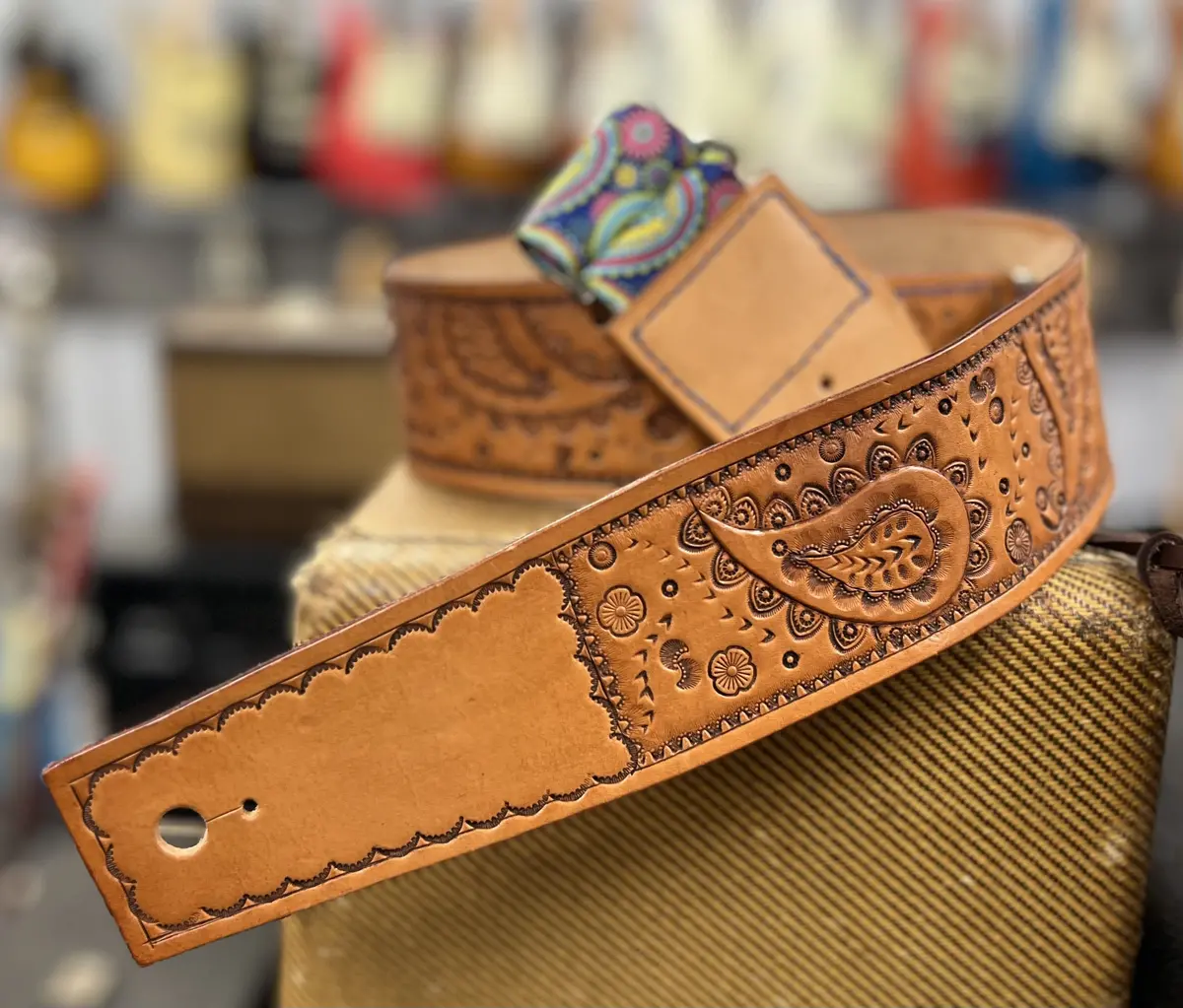 Cheescake Leathers Paisley Hand Tooled Guitar Strap 1