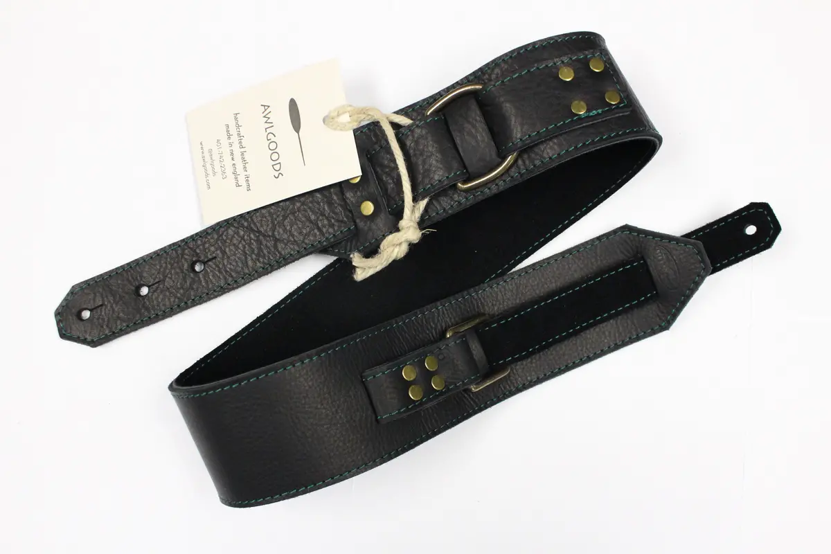 Awlgoods Hand Crafted Leather Guitar Strap Black With Green Stitching 2.5" 1
