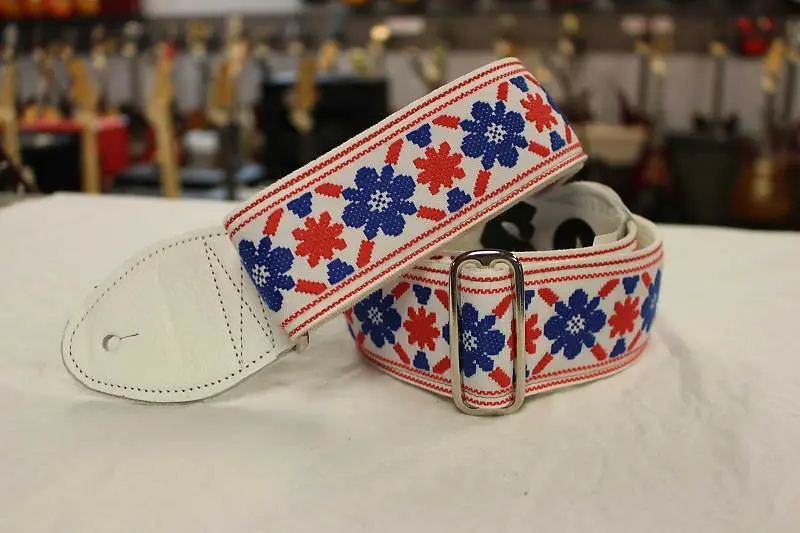 Souldier Guitar Strap Tulip Cream Clapton Blue/Red W/ White Leather Ends *Free Shipping In The Usa* 1