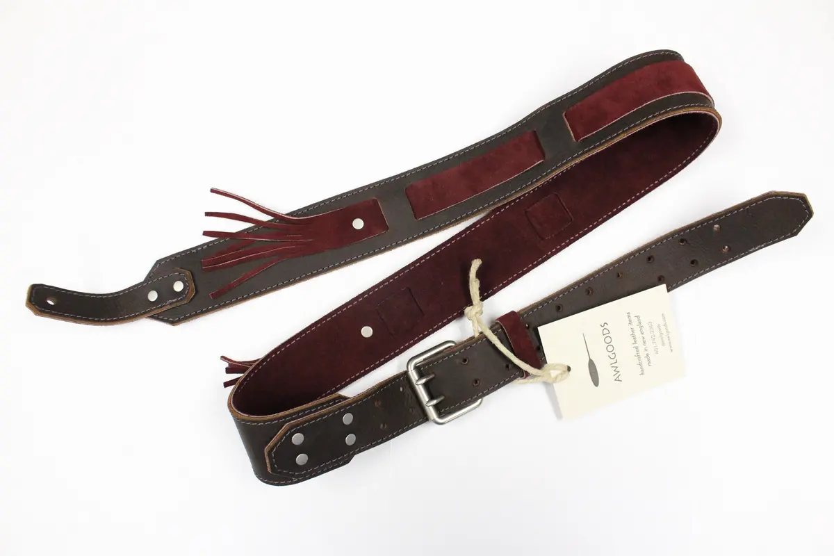 Awlgoods Hand Crafted Leather Guitar Strap Brown With Wine Stitching & Wine Tassel 1