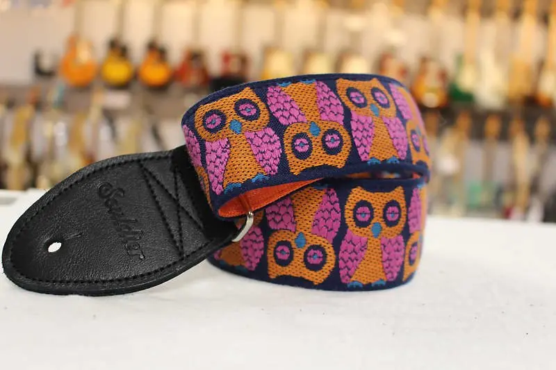 Souldier Owls Orange Guitar Strap With Black Leather Ends *Free Shipping In The Usa* 1